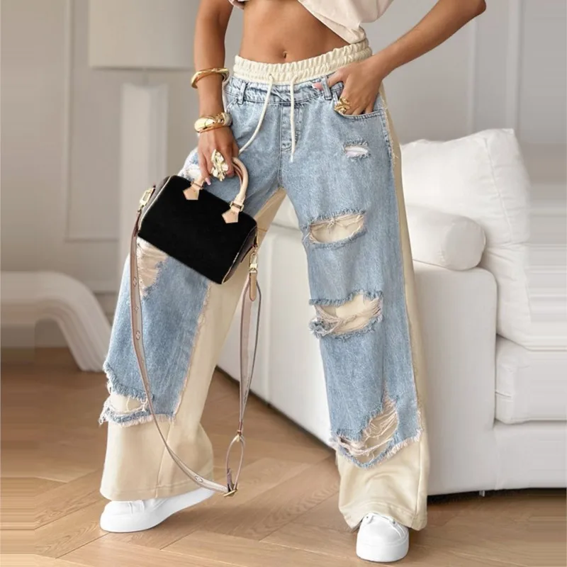 Pantalones vaqueros rasgados de retales callejero para mujer, pantalones vaqueros holgados con cordón y bolsillos de cintura baja, pantalones de pierna recta con cremallera, pantalones informales 2025