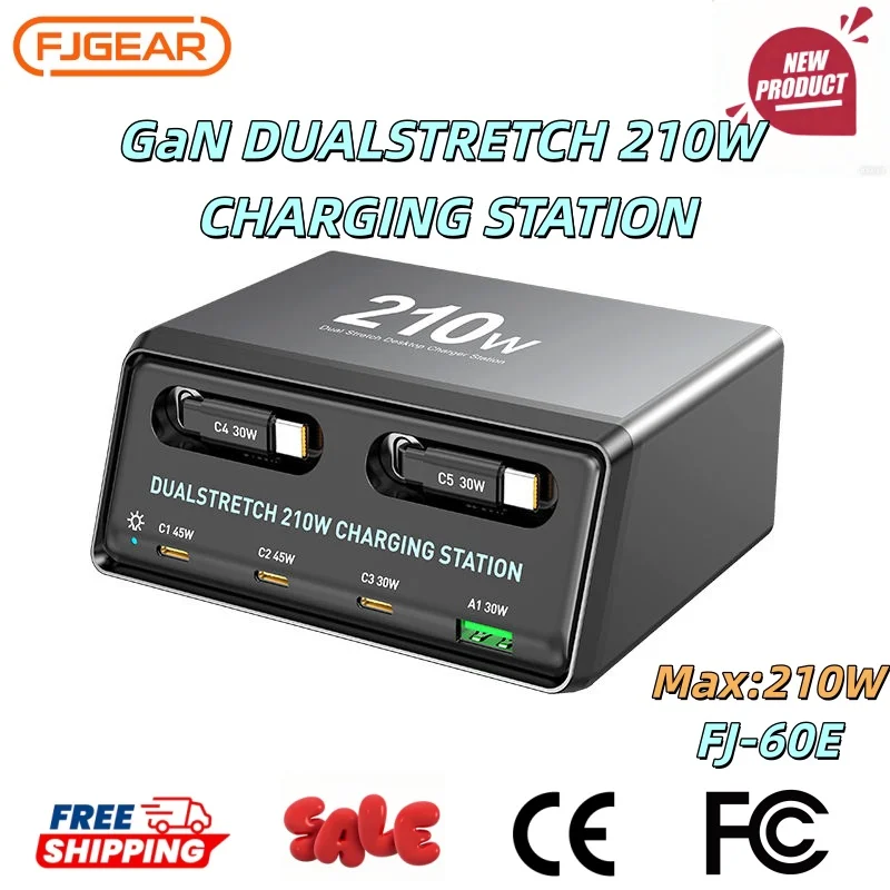 

FJGEAR Dualstretch 6-in-1 Charging Station 210W with Retractable Cables, Multi-Device Fast Charging Power Hub for Phones Tablets