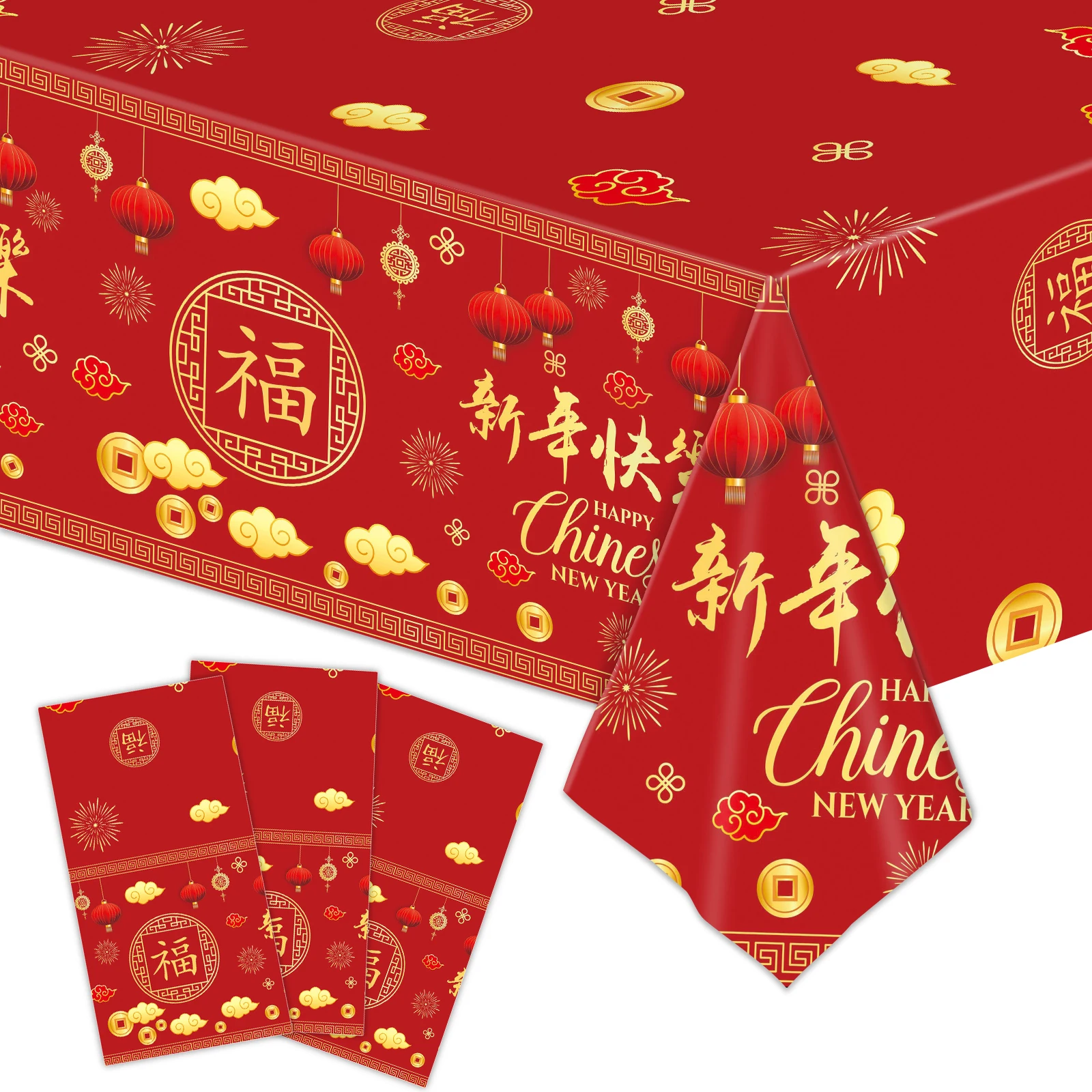 2025 Chinese New Year Tablecloth Disposable Red Plastic Table Cover with Lantern Firework for Lunar Spring Festival Party decorr