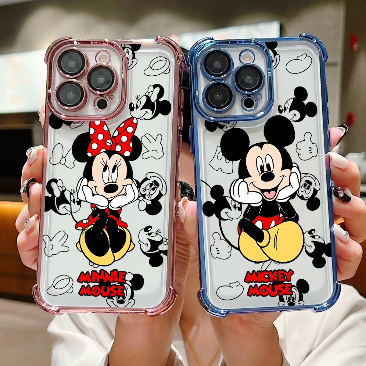 Cute Disneys Mickeys Minnies Plating Case for IPhone 16 15 14 13 12 11 Pro Max X XR XSMax 7 8 6 Plus Anti-Fall Airabag Cover