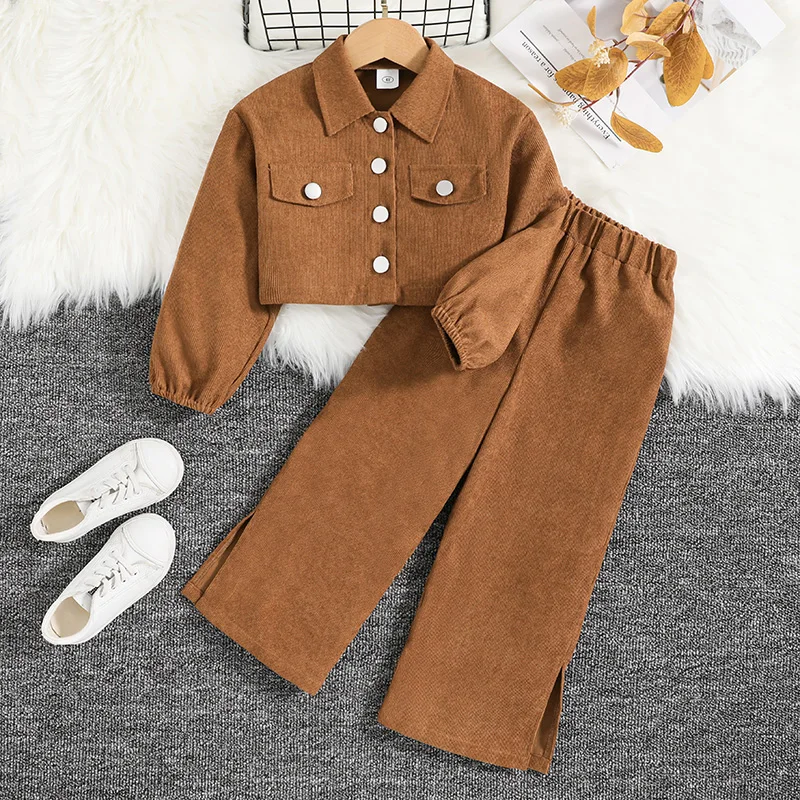 

Girls' 4-7 Year Old Spring Autumn Casual Lapel Suit with Long Sleeve Short Coat And Elastic Waist Trousers