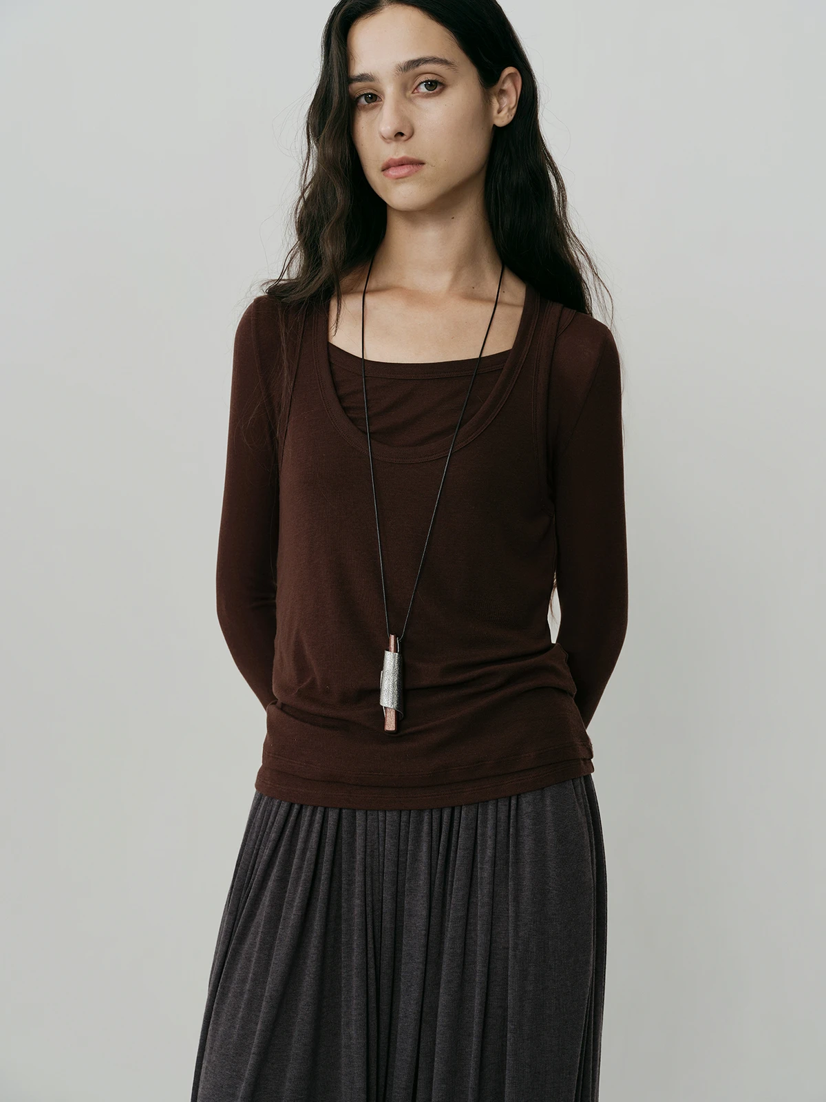 

Marllen Faionable Blogger Sle Silk Wool U-Ne Vest Long Sve True Two-Piece T-irt Women Casual Fit Commute Wear