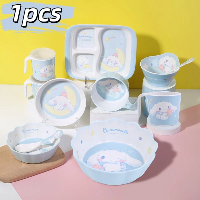 

1pcs Sanrio Cinnamoroll Tableware Anti Fall Cartoon Breakfast Plate Anti Scald Non-Slip Handlecup Spoon Bowl With Lace Cutlery