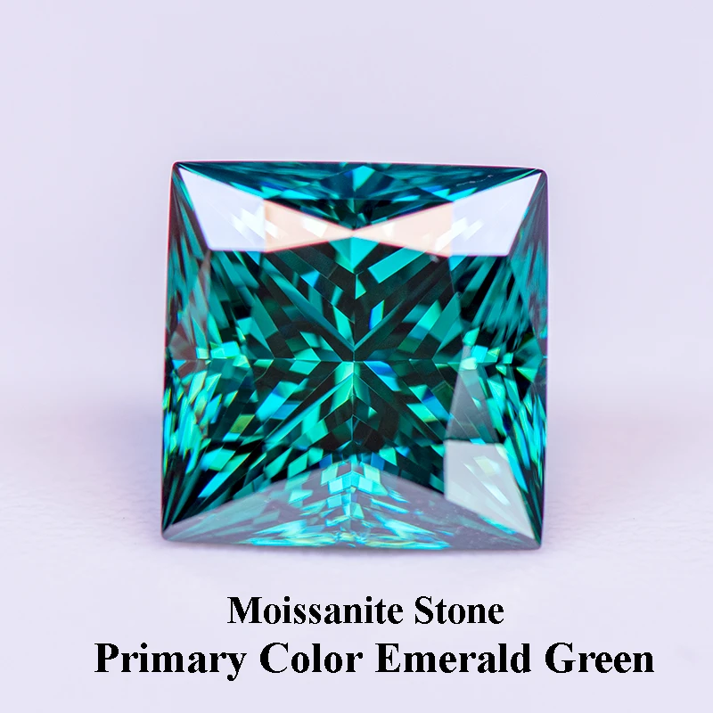 Moissanite Stone Primary Color Emerald Green Princess Cut Gemstone Lab Grown Diamond Woman Charms Jewelry with GRA Certificate