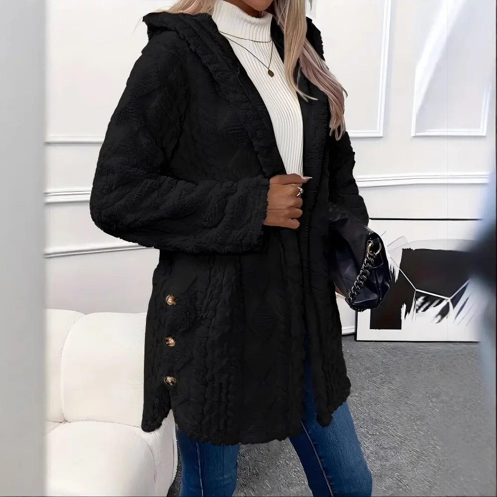 Damski kardigan, kurtka jesienno-zimowa z kapturem, nieregularny dół, guziki, polar, oversize, odzież wierzchnia, płaszcz, bluzy z kapturem, swetry