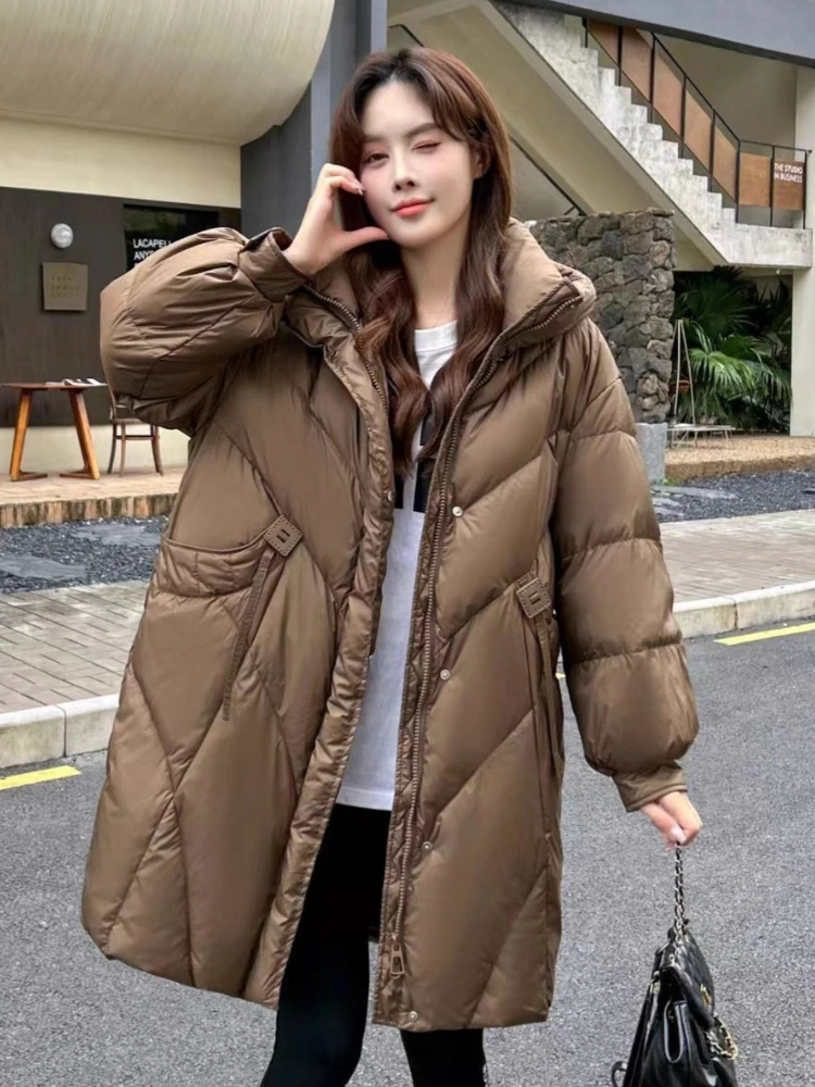 

2025 New Down Jacket Women Casual Hooded Loose Thicken Long Parkas Winter Cold Windproof Warm 90% White Duck Puffer Coat Outwear
