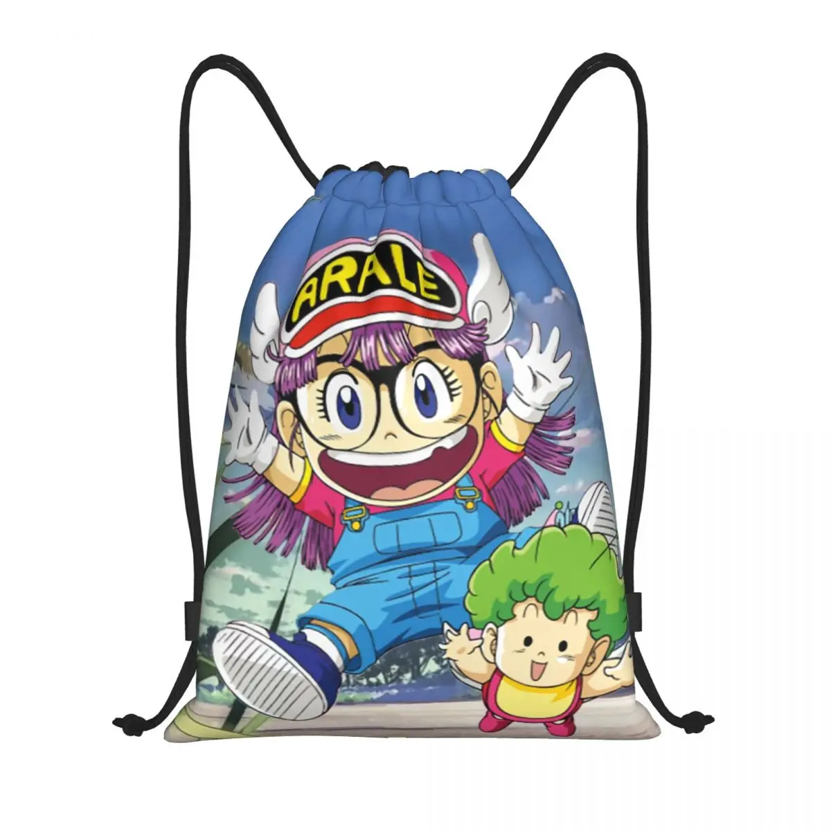 Custom Arale Norimaki And Gatchan Drawstring Bags Women Men Portable Sports Gym Sackpack Dr Slump Anime Shopping Backpacks