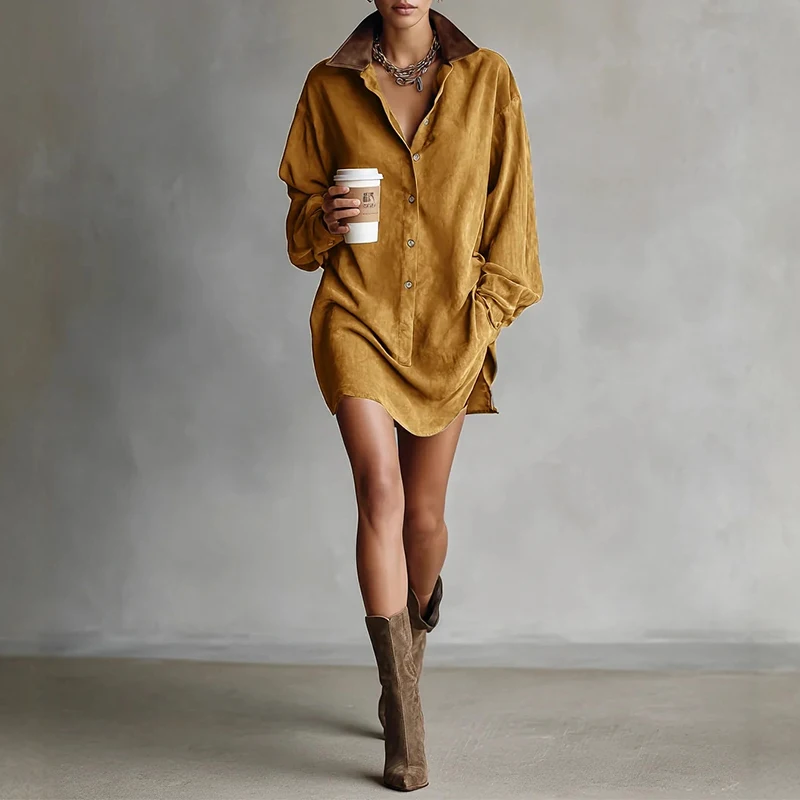 Contrast Lapel Button Shirt Dress for Women Retro Solid Suede Loose Mini Short Dress Autumn Long Sleeve Pocket Pullover Dress