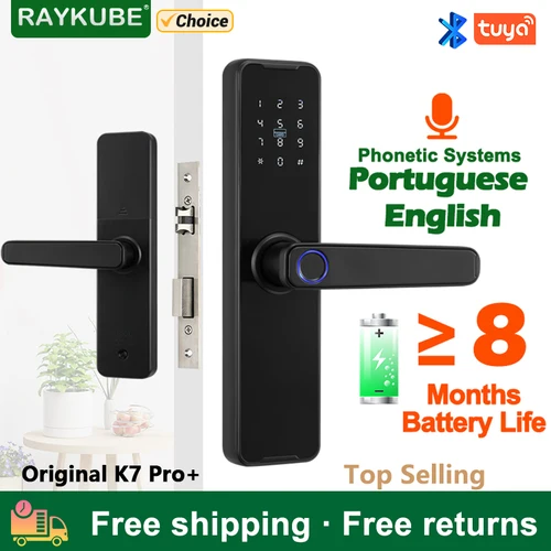 Cerradura de puerta biométrica con huella dactilar RAYKUBE K7 Pro + cerradura inteligente aplicación remota Tuya desbloqueo cerradura electrónica sin llave