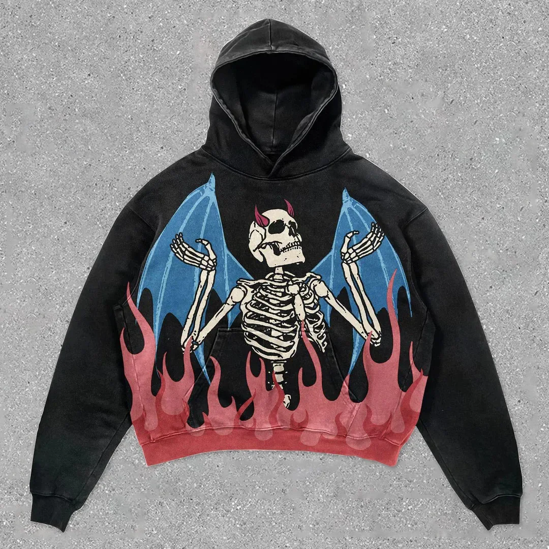 Retro Skulls Flame 3D Print Hoodie Men Women High Quality Hip Hop American European Streetwear Sweatshirts Black Pullovers Y2k