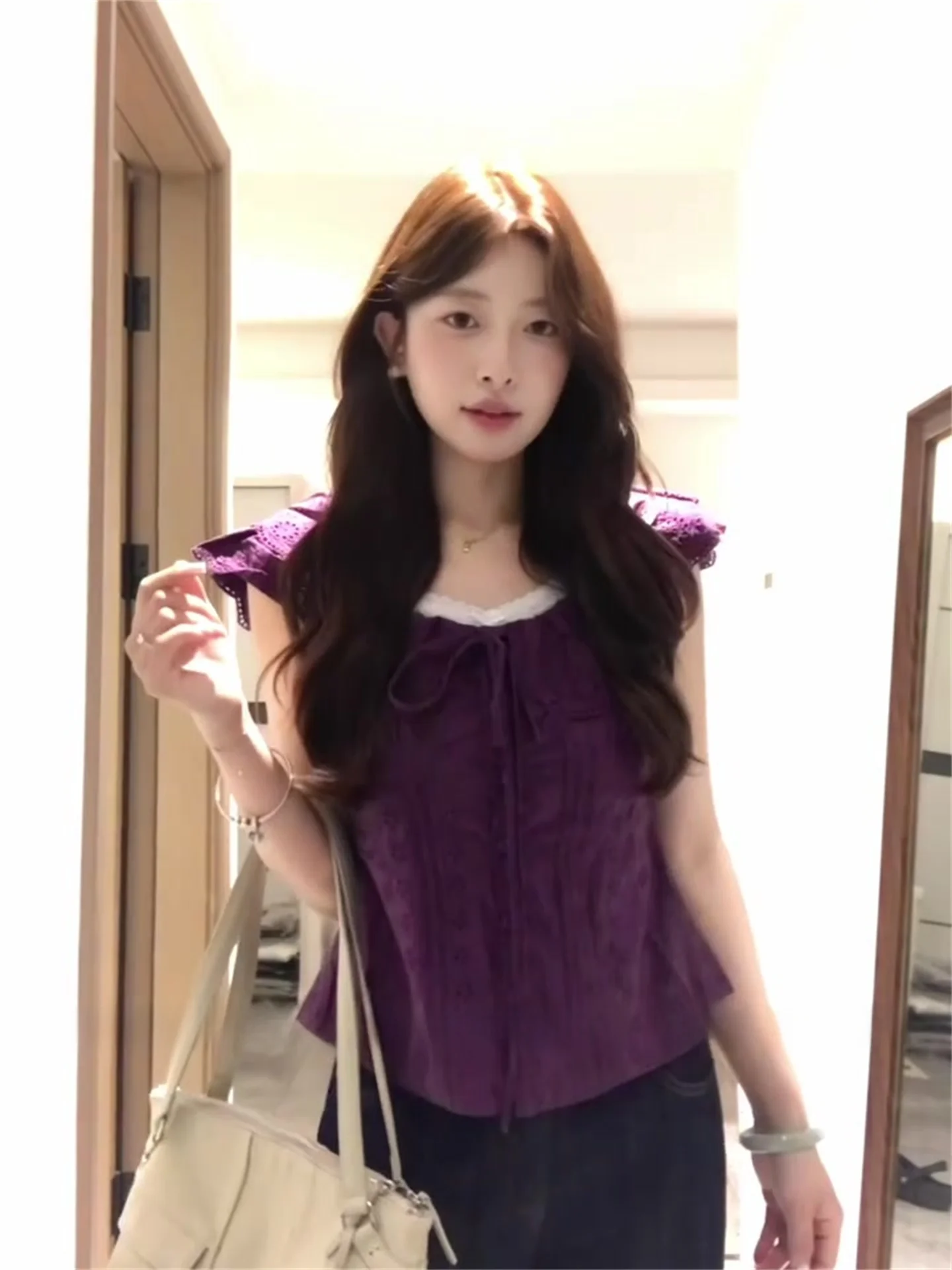 

Purple Ruffle Sleeve V-Neck Short Shirt Women's Summer Slim Fit Fashionable Female Top French Style Casual Wear