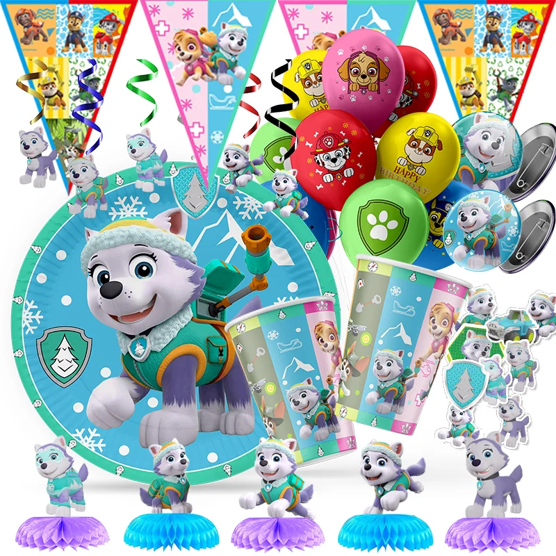 

Paw Patrol Dogs Birthday Party Decorations Supplies Everest Party Balloons Disposable Tableware Cups Plates Baby Shower Toys