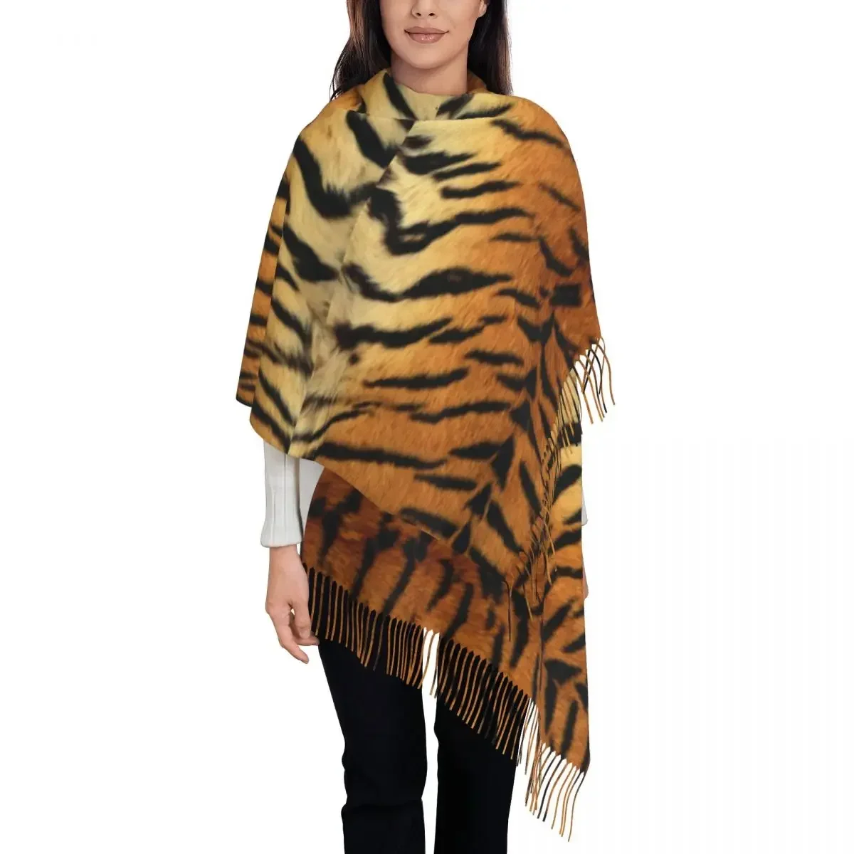 Tiger Skin Print Scarf with Tassel Modern Animal Warm Shawl Wrap Women New Design Large Scarves Winter Popular Bufanda Mujer
