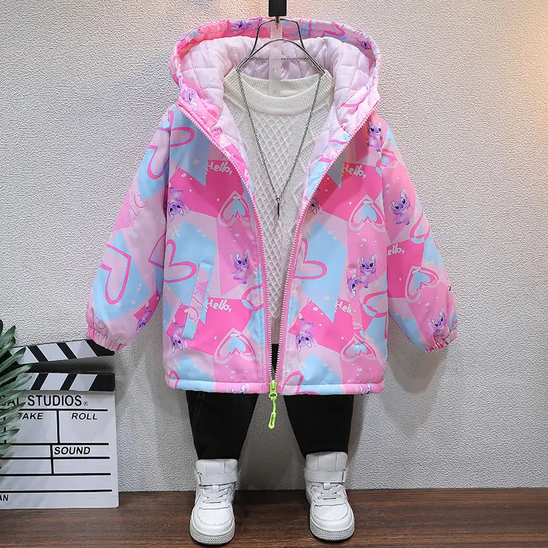 Children Clothing 2024Spring Autumn Girls Disney Stitch Jackets Cotton Padded Thickening Hooded Zipper Warm Outerwear Kids Coats