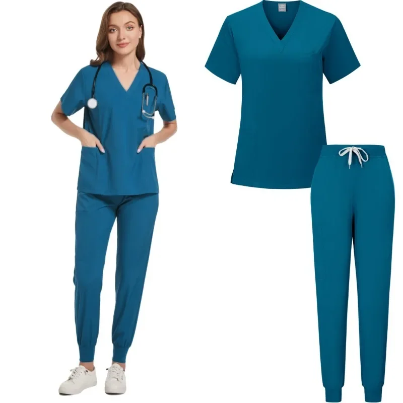 Krankenschwester Uniformen Frau Kurzarm V-ausschnitt Top Scrubs Jogger Hosen Medizinische Peelings Set Frauen Sommer Casual Uniformes Clinicos Mujer