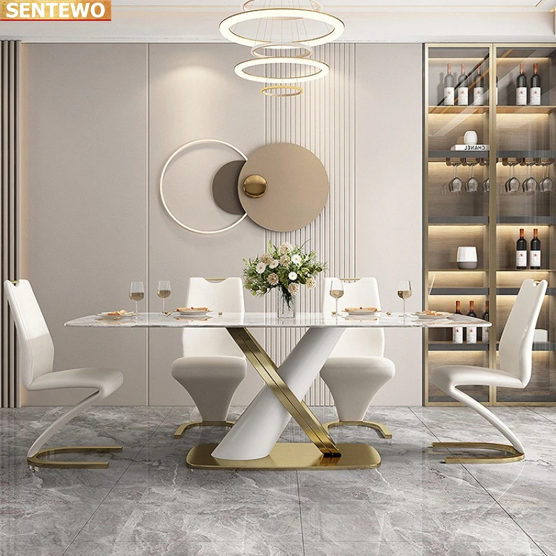 Designer Luxury kitchen room Marble Rock Slab dining table set 4 6 chairs mesa de jantar tavolo pranzo Stainless steel gold base