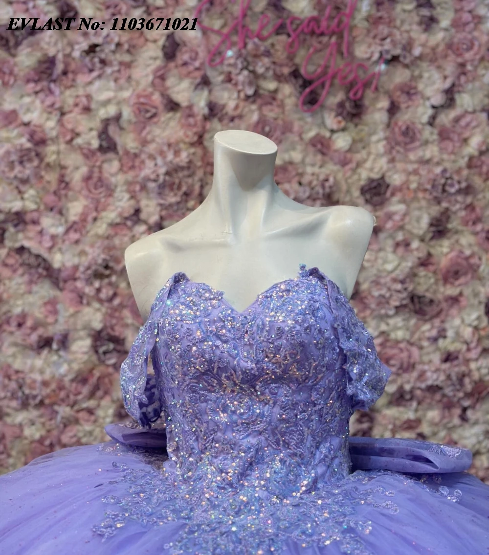 EVLAST Glitter Lavender Quinnceanera Dress Ball Gown Shiny Lace Applique Beaded Mexico Corset Sweet 16 Vestidos De 15 Anos SQ672