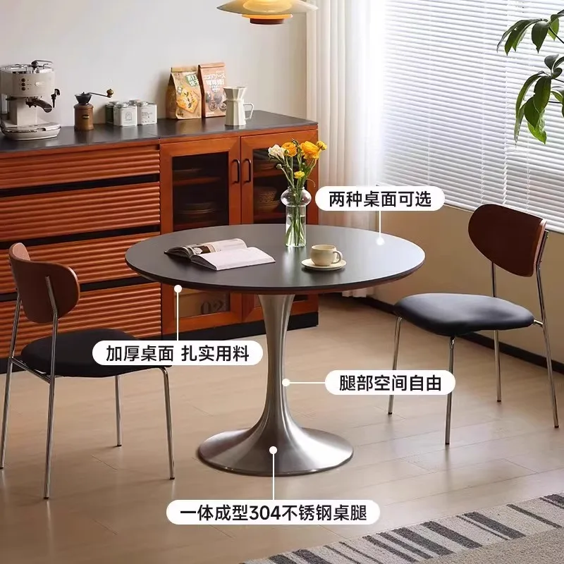 Mesa de jantar redonda de madeira maciça creme novo aço inoxidável francês retro medieval pequeno apartamento doméstico