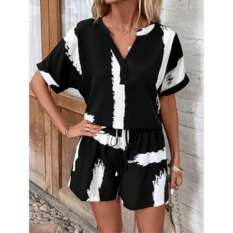 

Summer Outfits 2 Pieces Set Fashion Loose Casual Black And White Color Matching Shirt Short Sets Women's Suit For Women Clothing