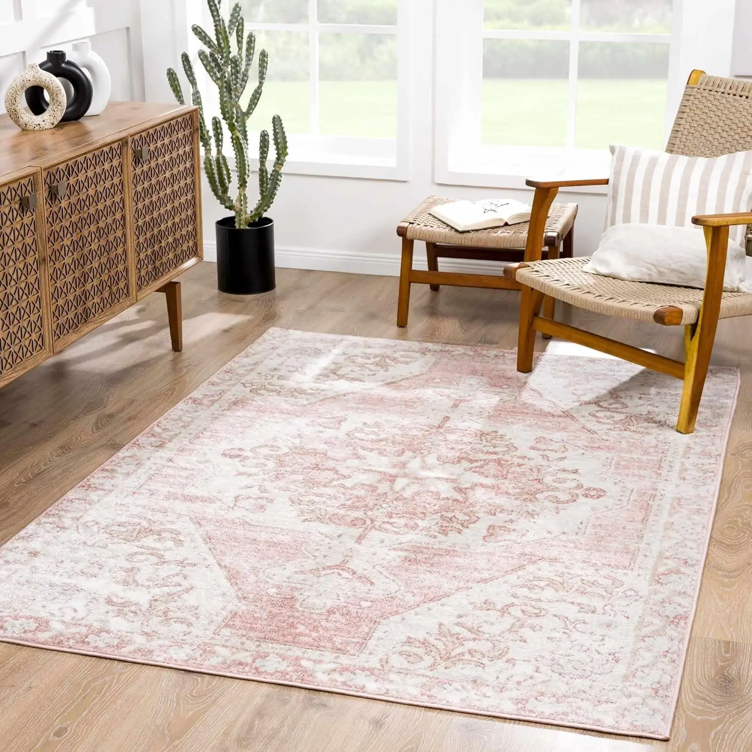 Blush & Light Pink Collection Snead Bohemian Oriental Medallion Oversized Area Rug - Traditional Floral Carpet For Living Room