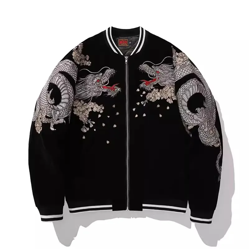 Chłopiec Mężczyźni Sukajan Souvenir Jackets Coiled Dragon Peony Embroidered Loose Coats Hip Hop Streetwear Red Black Stripe High Street — zdjęcie 6