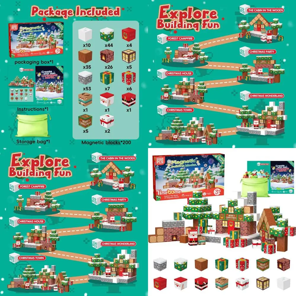 Ensemble de blocs de construction magnétiques de 200 pièces, jouets éducatifs STEM pour enfants, inspiré du Montessori, adapté aux âges de 3 à 10 ans, noël E