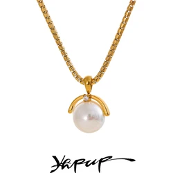 Yhpup 40+7cm New High Quality Elegant Simulated Pearls Round Pendant Necklace for Women Versatile Stainless Steel Collar Jewelry