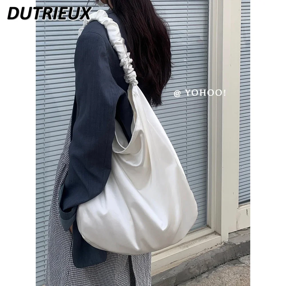 Pleated Black and White Canvas Bag Versatile Large Capacity Shoulder Bags Fashion Casual Schoolbag for Women Spring Summer