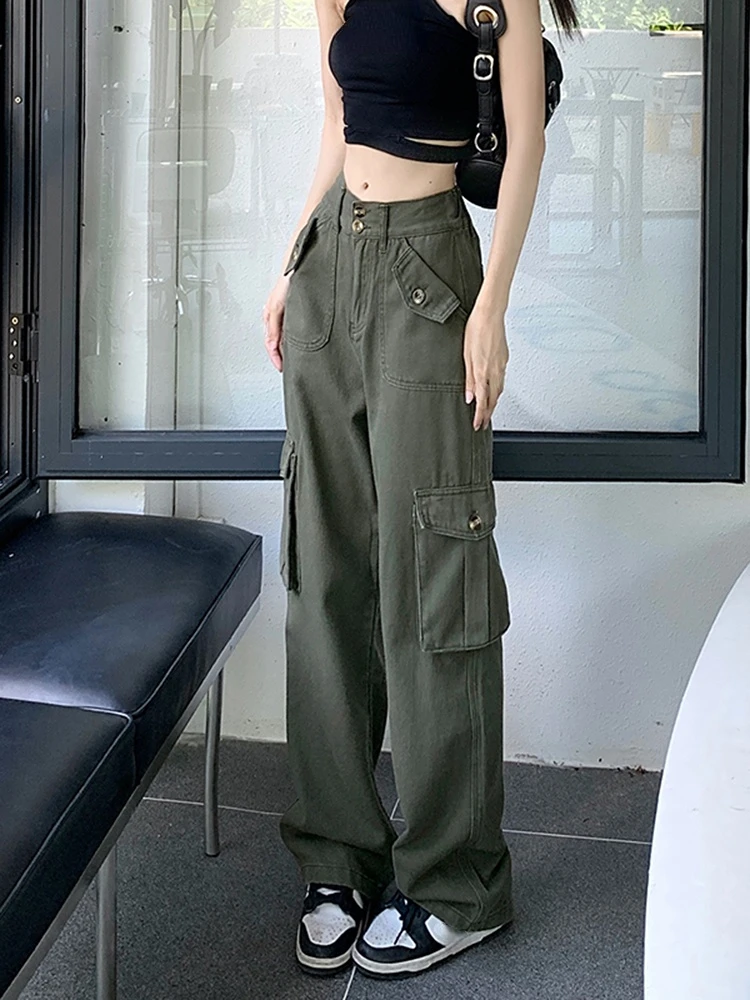 

Spring Korean Fashion Baggy Y2k Denim Trousers Pocket Design Vintage Cargo Pants Pure Color High Waist Slim Jean Woman