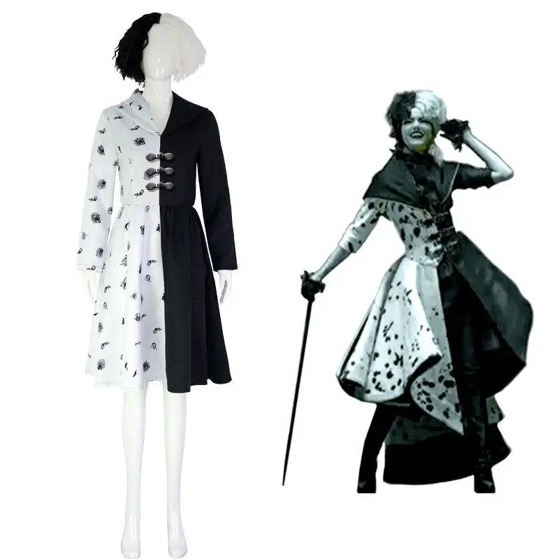 Z0 كوس بلا الأبيض الساحرة Cruella Dr loween تأثيري حلي المرأة التقليدية العرقية مرحلة الأداء الملابس