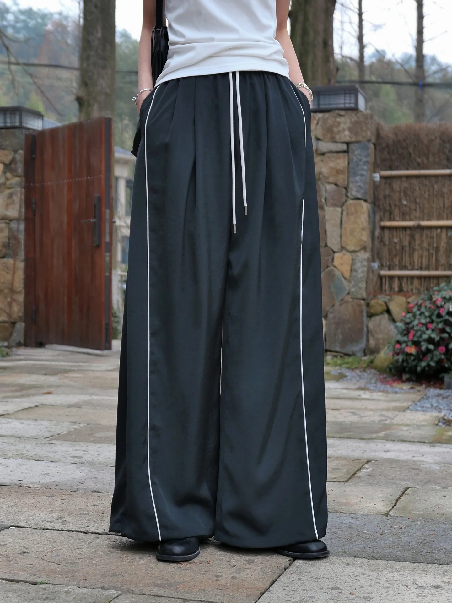 

Jieji Zhang Spring American Retro Loose Casual Pants Women's Acetate Elastic Waist Wide Leg Pants Drapey Comfortable Trousers