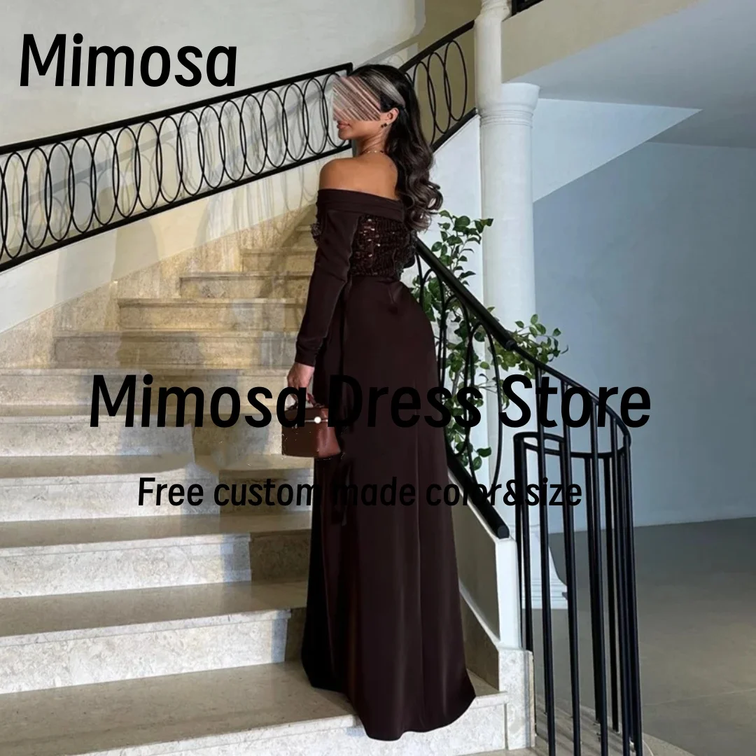 Mimosa Boat Neck Prom Dresses Long Sleeves Sequins Luxurious Women's Evening Party Dress Ruched Vestidos De Fiesta Customized