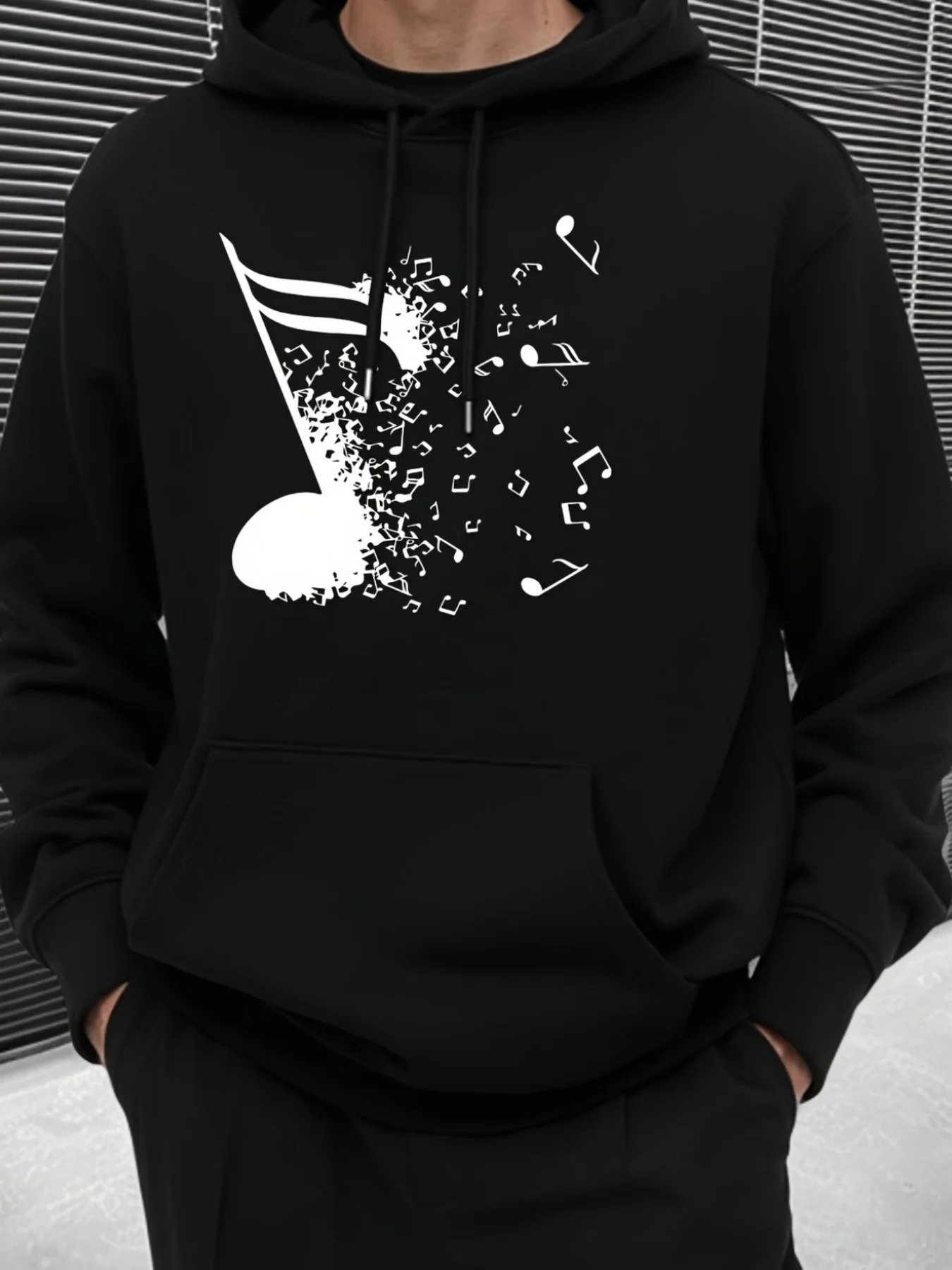 Music Note Pattern Mens Trendy Comfy Hoodie Casual Slightly Stretch Breathable Hooded Sweatshirt For Outdoor