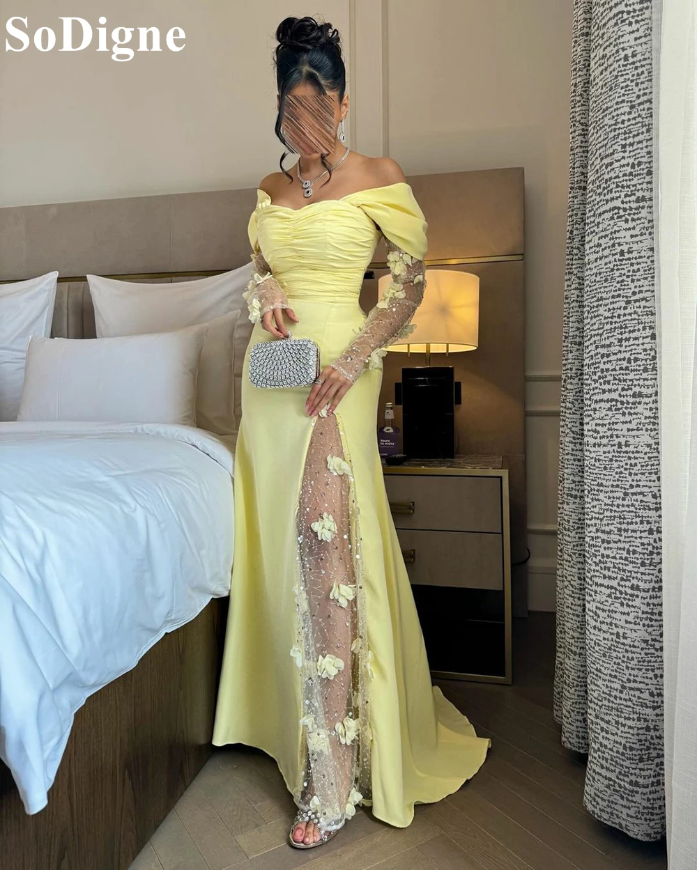 SoDigne Elegant Yellow Evening Dresses Off Shoulder Lace Appliques Mermaid Side Slit Party Dress 2024 Formal Events Prom Gowns