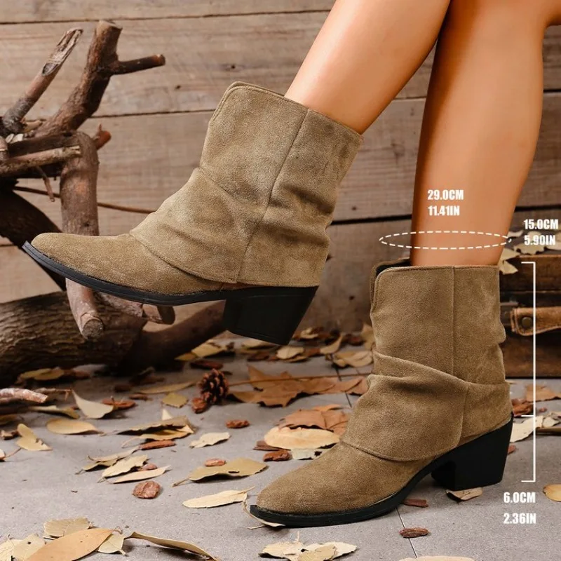 

Весенне-осенние модные новые ковбойские ботинки с острым носком на грубом каблуке, новый стиль, женские сапоги без колена с большой бочкой, 42 43