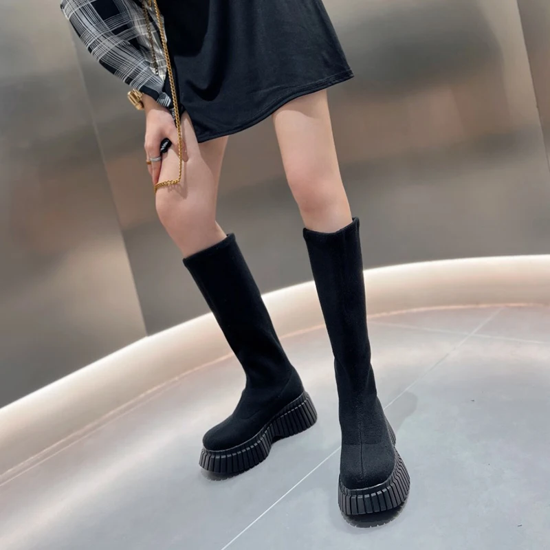 Thick Heel Women Knee High Boots Fashion Slip On Shoes Autumn Winter Ladies Stretch Slim Long Booties