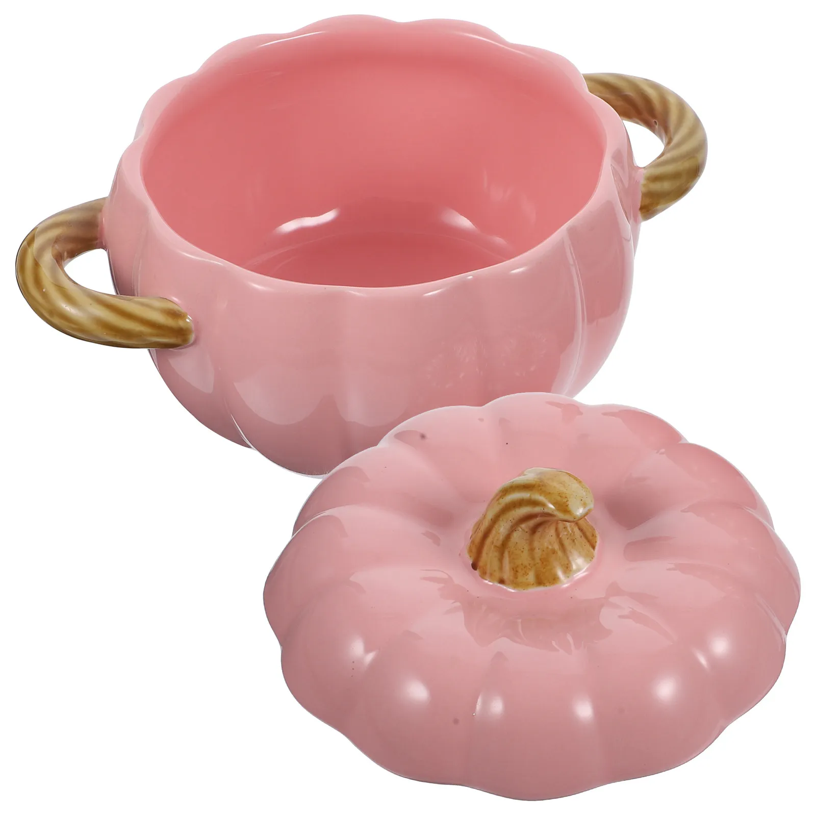 

Ceramic Double Handles Pumpkin Bowl Stew Pot with Lid Smooth Surface Lightweight Kitchen Soup Bowl Decorative Porcelain Food
