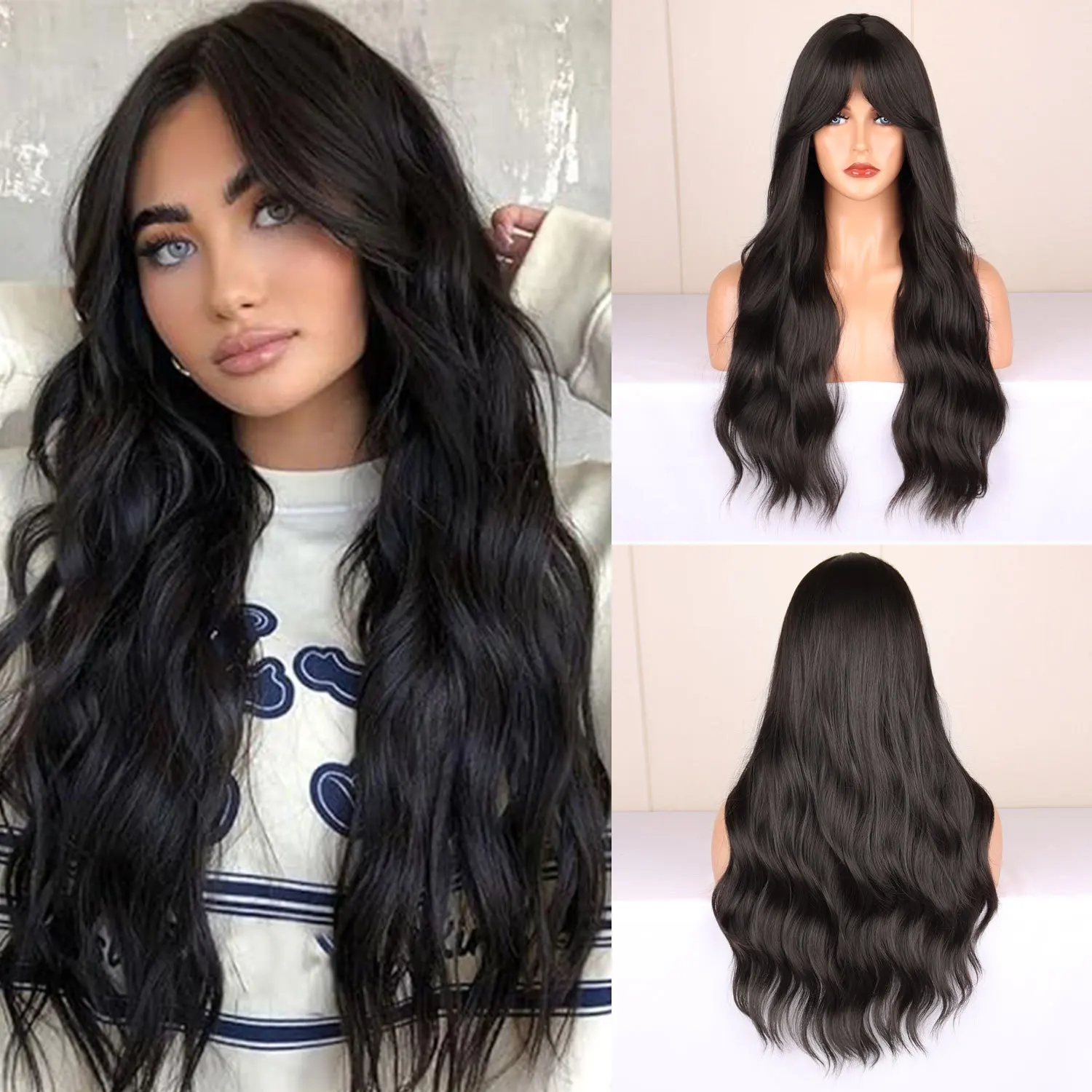

Temperament wave wig European and American black bangs long wave wig chemical fiber headgear