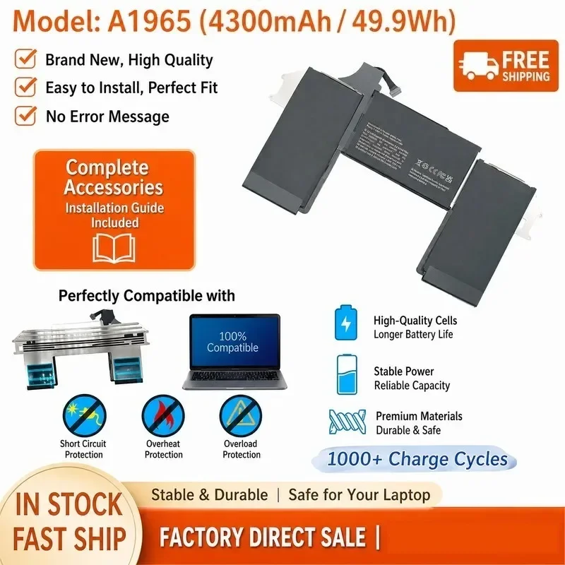 [NEW] 11.39V 49.9Wh A1965 Laptop Battery for Apple for MacBook Air 13 Inch for A1932 for A2179 Lithium‑Polymer Battery