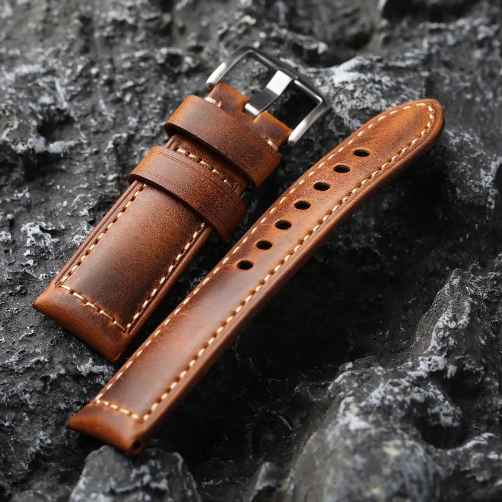 Handmade Head Layer Cowhide Leather Strap Tan Vintage Men Watch Bracelet 20 22 24MM Soft Thickened Bronze Buckle Bracelet