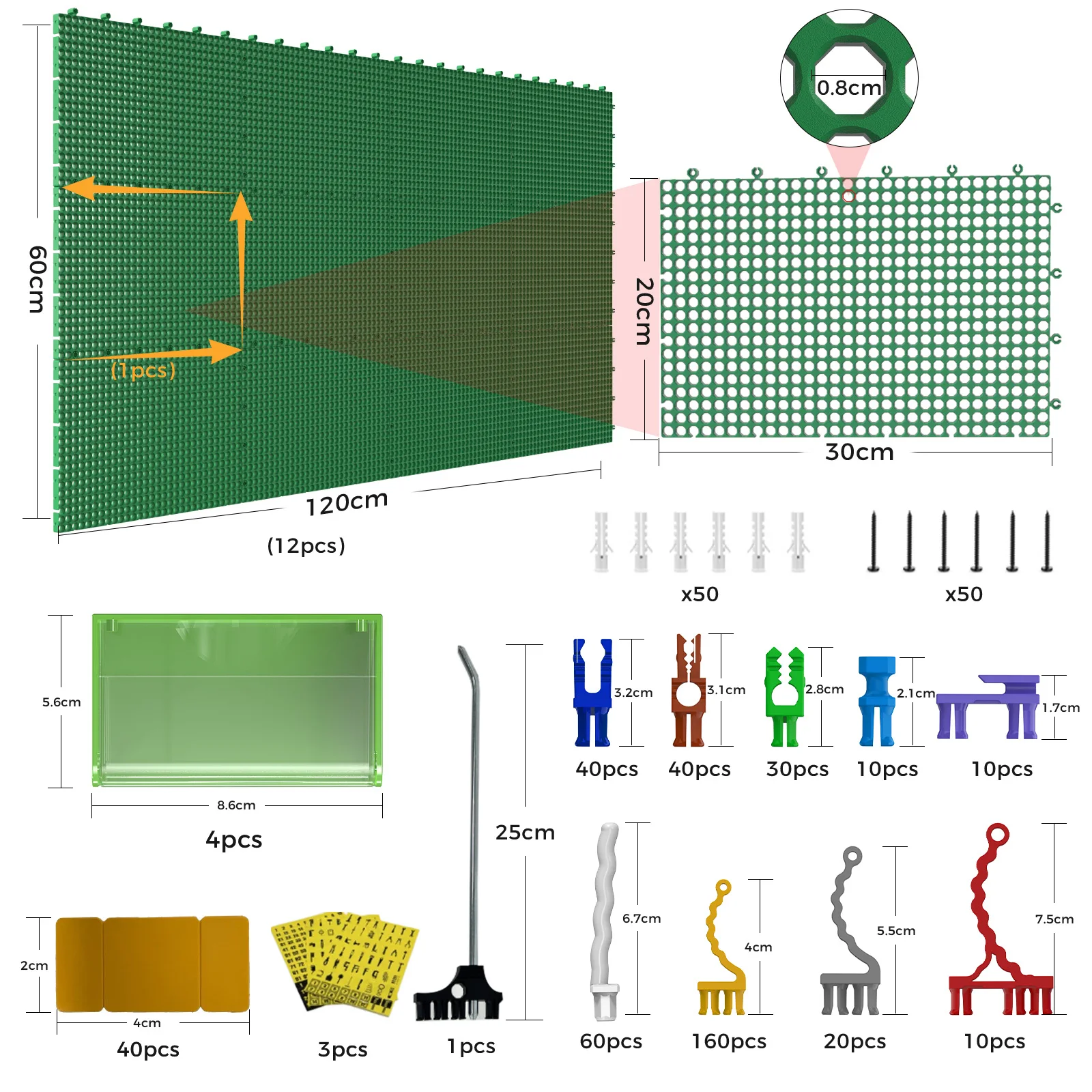 Plastic PegBoard Wall Organizer Kit, 12 Green Panels 120 X 60 cm, 428 Accessories with Hooks, Clips & Holders, Modular Tool Stor