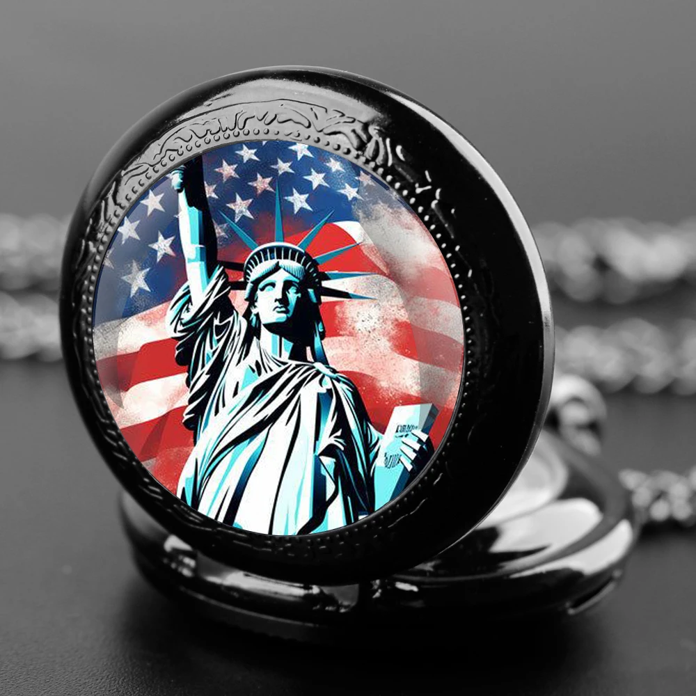 Statue of Liberty Faith Glass Dome Quartz Pocket Watch With Durable Chain Arabic Numeral Dial For Men And Women Creative Gifts