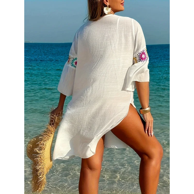 Vestido Holgado de Manga Larga con Cuello en V, Estilo Bohemio, Tejido a Mano con Parches, Corte Recto, para Mujer, Talla Grande