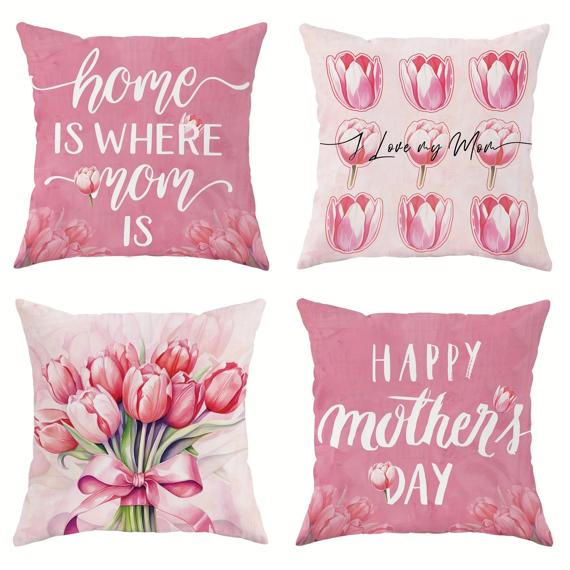 1pc Happy Mother'S Day Tulip Bouquet Bow Pink Linen Throw Pillow Covers,  Decorative Cushion Covers  For Living Room Bedroom