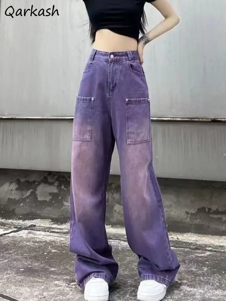 

Purple Jeans Women Pockets Vintage Washed Baggy American Style Chic Teens Casual High Street All-match Wide Leg Mopping Trousers