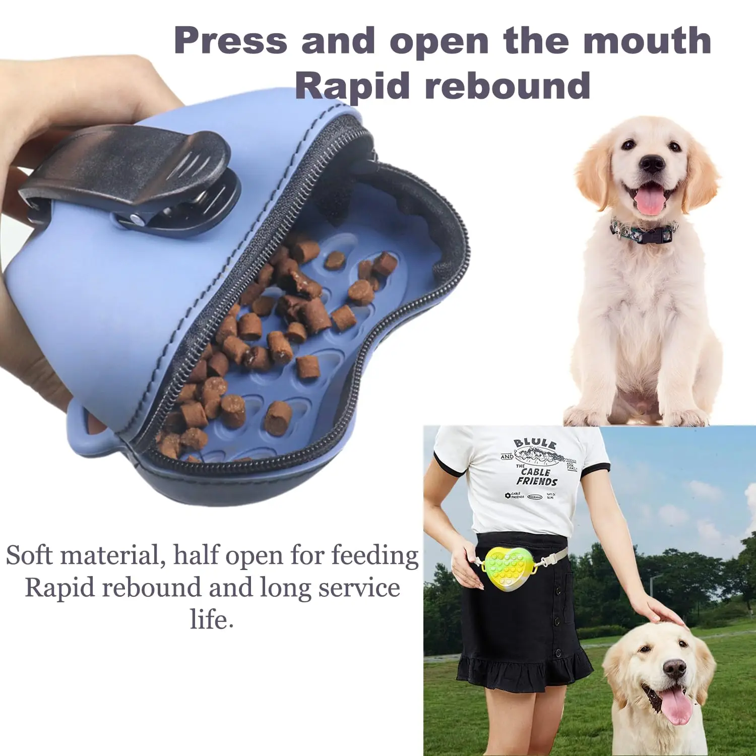 Silicone Dog Treat Pouch for Training & Walking, Adjustable Waist Belt & Clip, Portable Pet Walking Bag, Zipper Closure