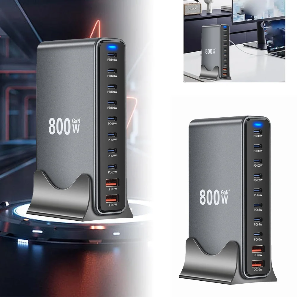 Caricatore da tavolo veloce GaN 10 porte da 800 W PD3.1 PPS USB C Tipo C Adattatori per stazione di ricarica rapida per iPhone Samsung Xiaomi Huawei