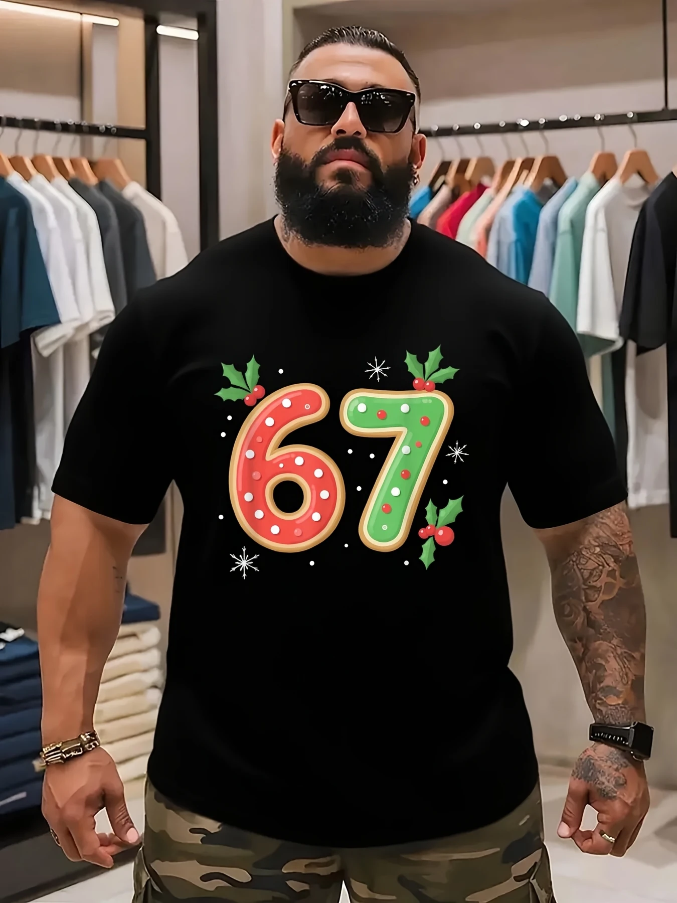 Gingerbread '67 Graphic T-Shirt For Men - Thick Beard Fashion, Comfortable Crew Neck Tee With Holiday Decor, Festive Snowflakes,