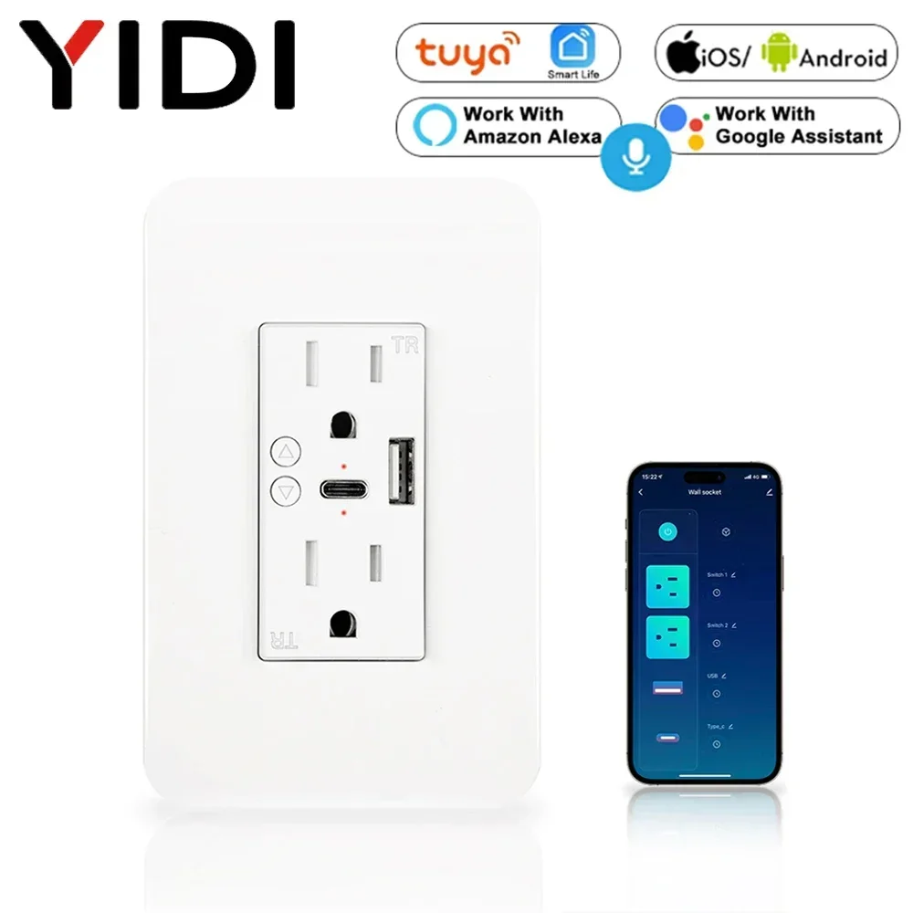 Multi-functional Wall Power US Outlets Wifi Smart USB Type-C Adapter Plug Socket Tuya App Remote Control Alexa Google Home