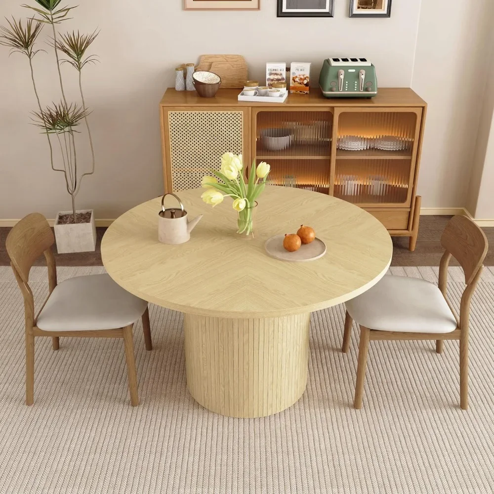 Dining Table for 4, Modern Farmhouse Kitchen Table, 47 Inch Small Circle Dining Tables with Wood Strip Base for Kitchen Living